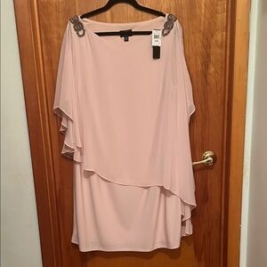 Xscape Elegant PeachDress with Embellished Shoulders. Sheer overlay.